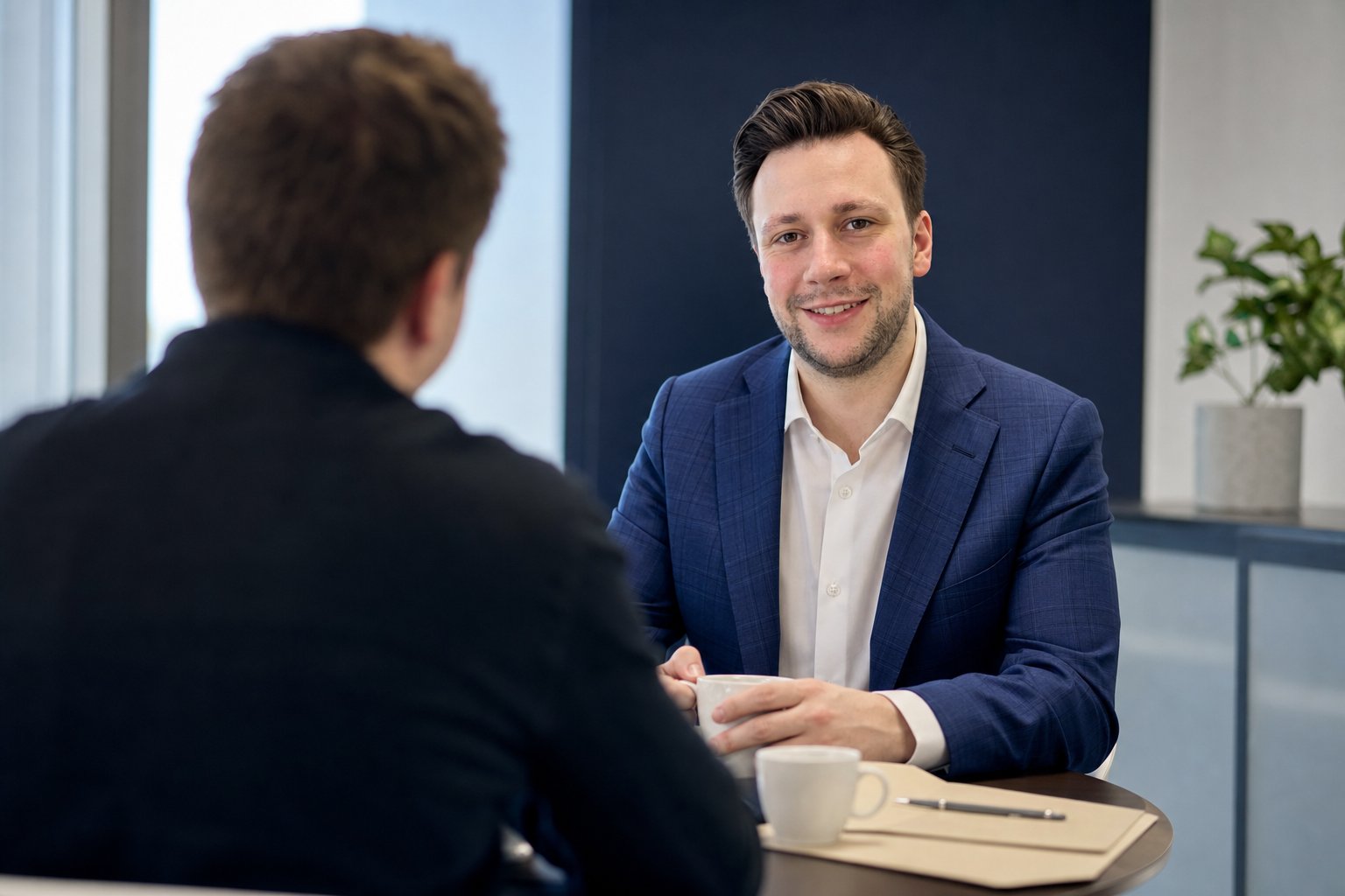 Moritz Knoche im ruhigen Gespräch mit einem Mitarbeiter